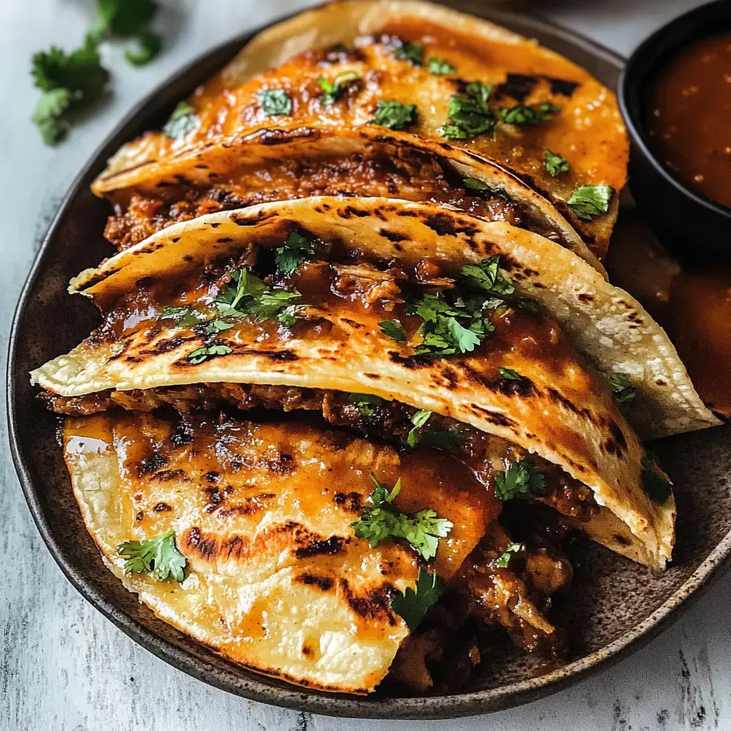 Tres tacos dorados con salsa y cilantro encima sobre un plato oscuro y un cuenco con salsa roja a un lado.