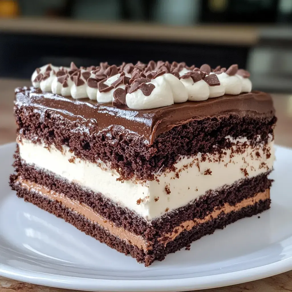 Un pastel de chocolate espectacular con varias capas, cubierto de crema y virutas de chocolate.