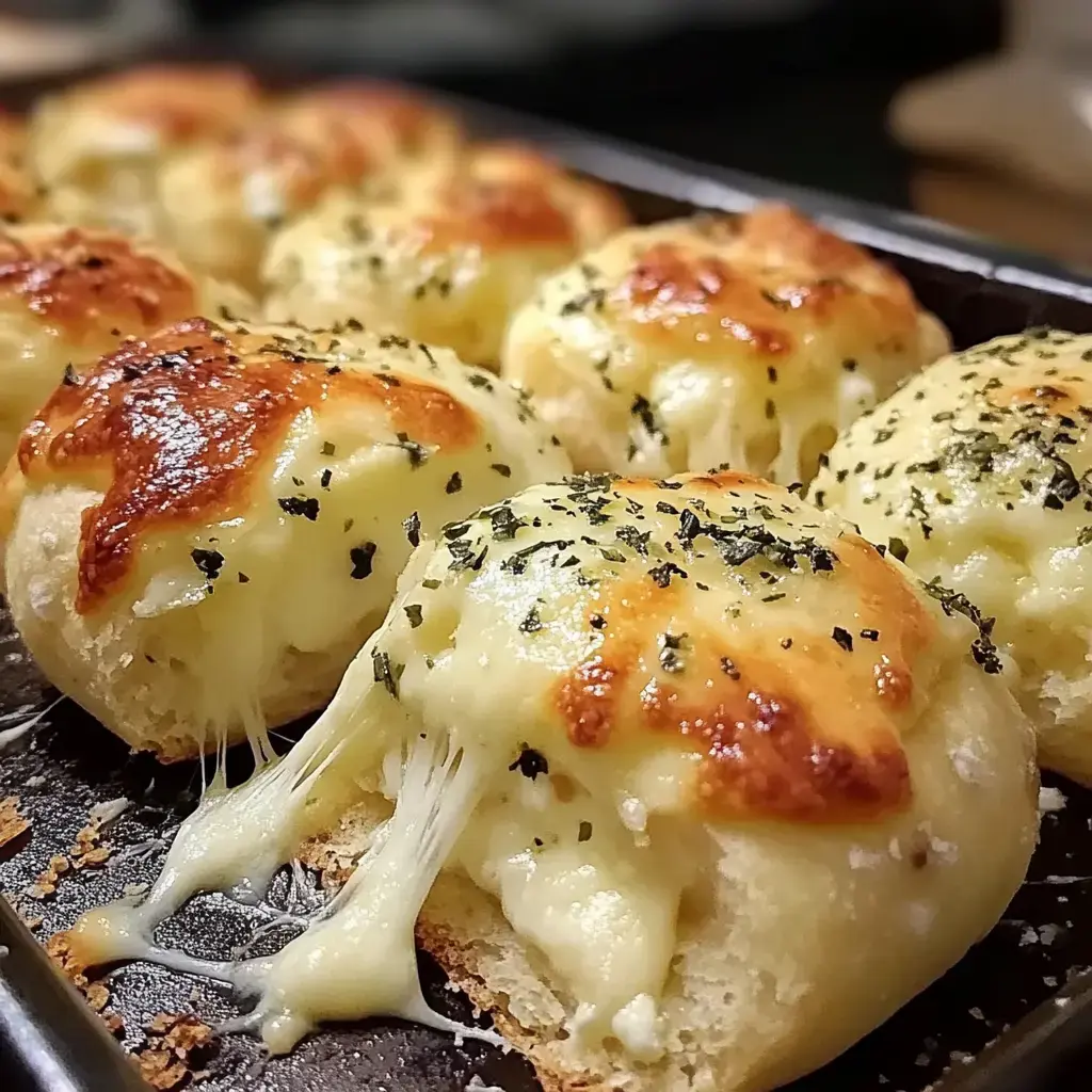 Detalle de rollitos de pan con queso recién horneados, con hierbas y queso derretido saliendo.