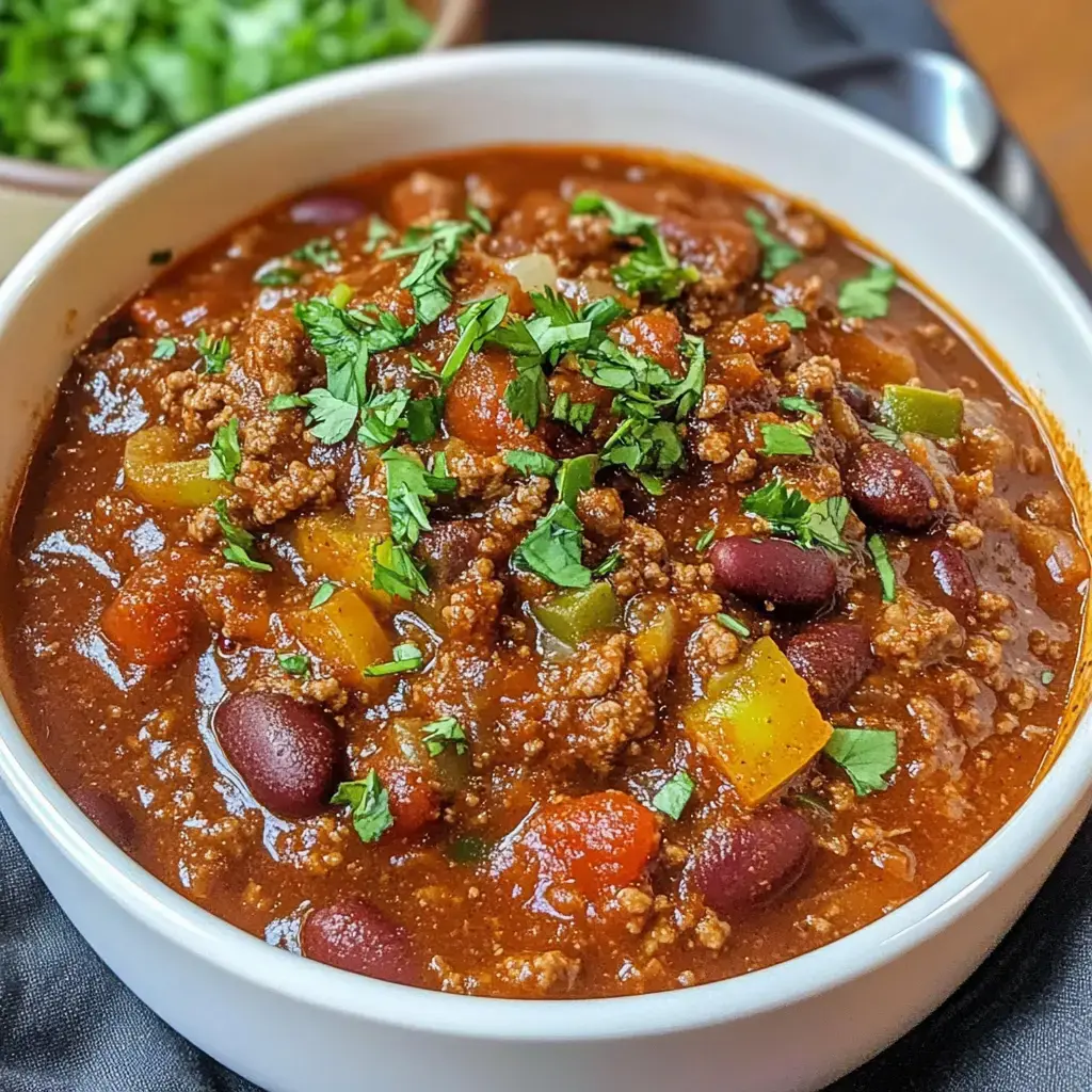 Un plato hondo de chili abundante con cilantro fresco encima carne molida frijoles y verduras de colores.