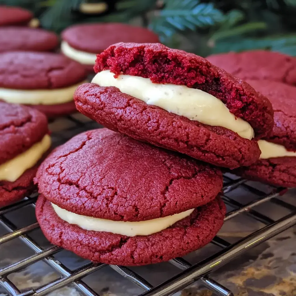 Galletas velvet rojo rellenas de crema en una rejilla, con hojas verdes navideñas al fondo.