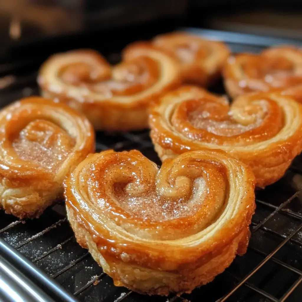 Palmiers recien horneados en una rejilla, se ven dorados y en forma de corazón.