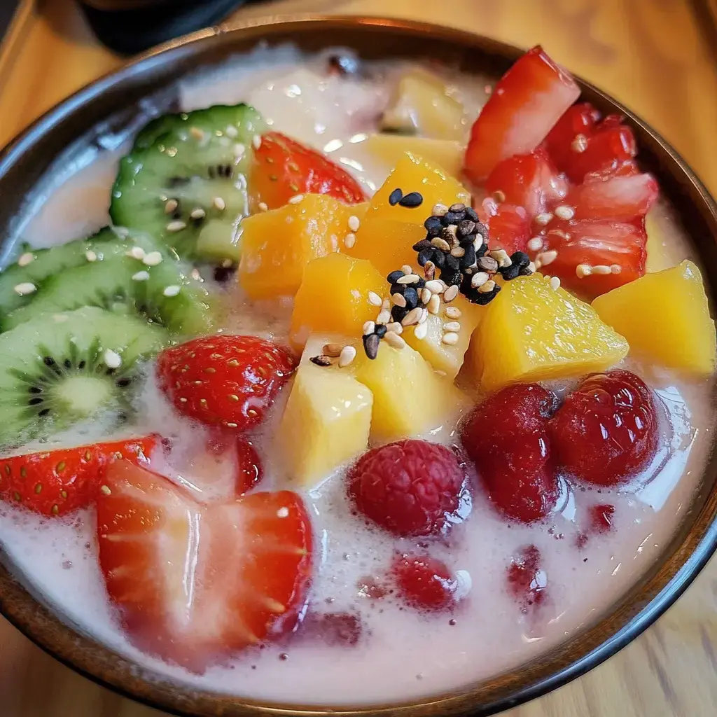 Un tazón lleno de frutas como kiwi, fresas, mango y frambuesas en líquido rosado cremoso, decorado con semillas de sésamo.
