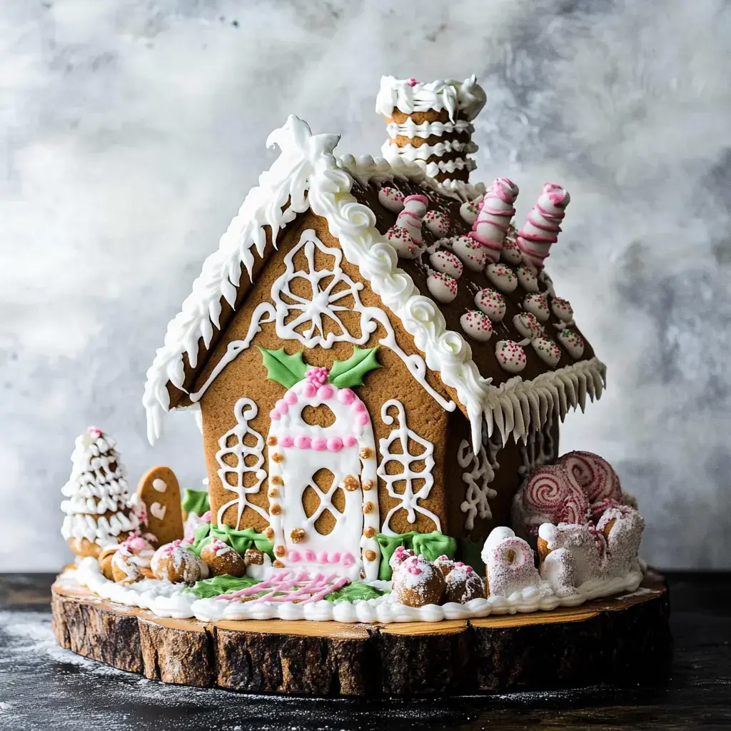 Una casita de jengibre bellamente adornada con glaseado blanco, dulces de colores y paisajismo festivo de caramelos variados.