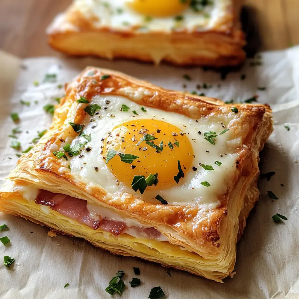 Hojaldre dorado con un huevo estrellado encima, jamón y cebollino picado por arriba.