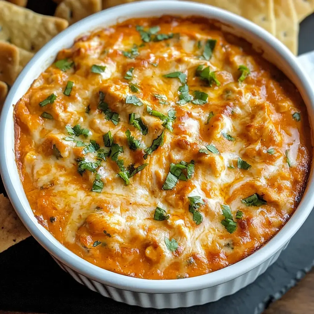 Un dip cremoso horneado cubierto de queso derretido y cilantro fresco, servido con galletas crujientes al lado.