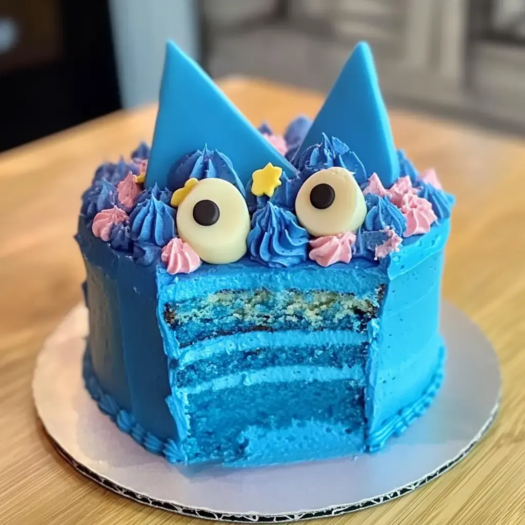 Un pastel azul brillante con detalles de crema, toppers triangulares azules, ojitos comestibles y remolinos rosas, mostrando el bizcocho azul por dentro.