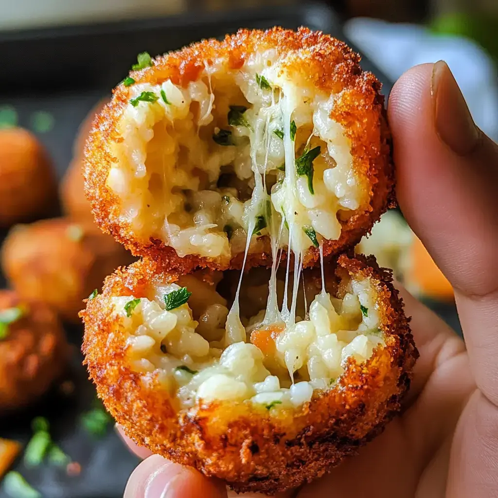 Una mano sostiene una croqueta dorada, partida a la mitad, donde se ve el interior cremoso con arroz, queso fundido y hierbas.