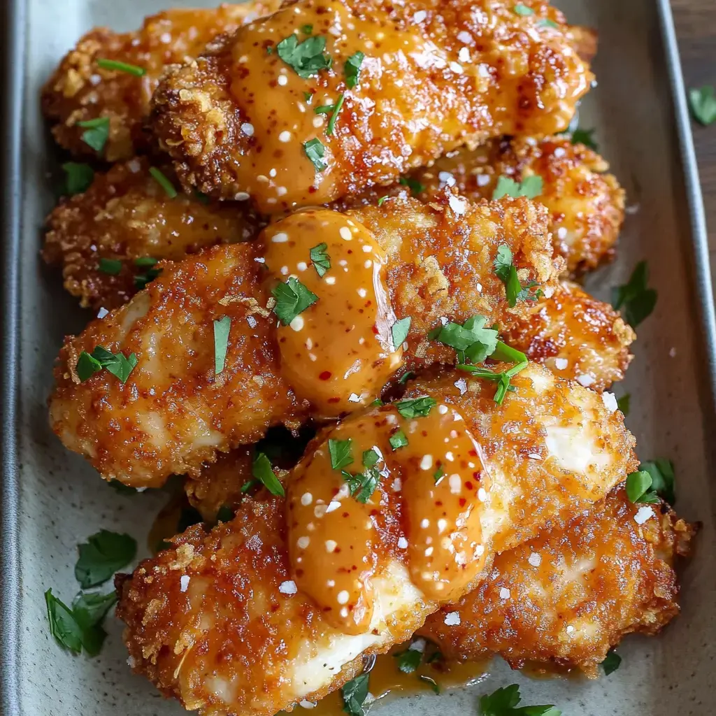 Tiras de pollo empanizadas bien doradas con salsa picante y un toque de hierbas frescas.