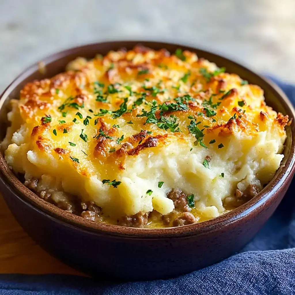 Porción de pastel de carne gratinado con papas doradas y perejil fresco finamente picado encima.