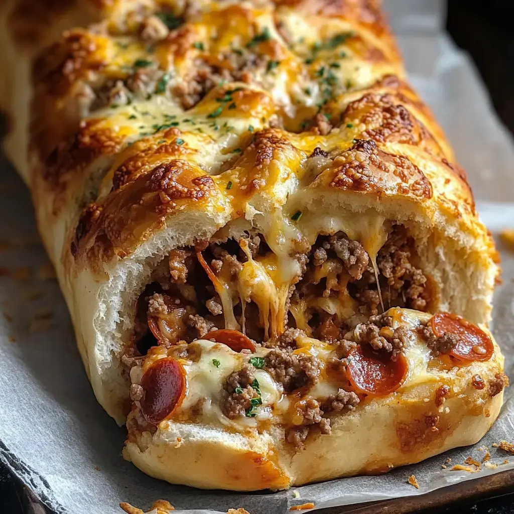 Un pan relleno, dorado y recién horneado, con carne sazonada, pepperoni y queso derretido, decorado con hierbas.