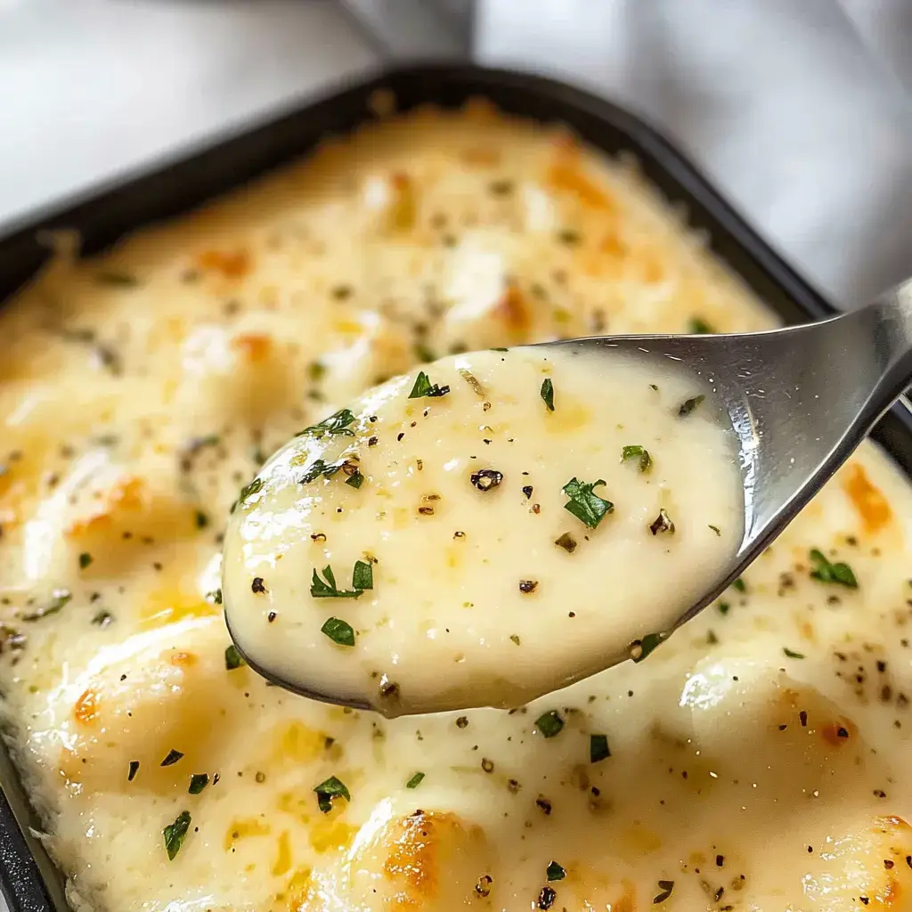 Una cucharada de salsa cremosa de queso con hierbas y trocitos de patata al horno siendo servida de una fuente.