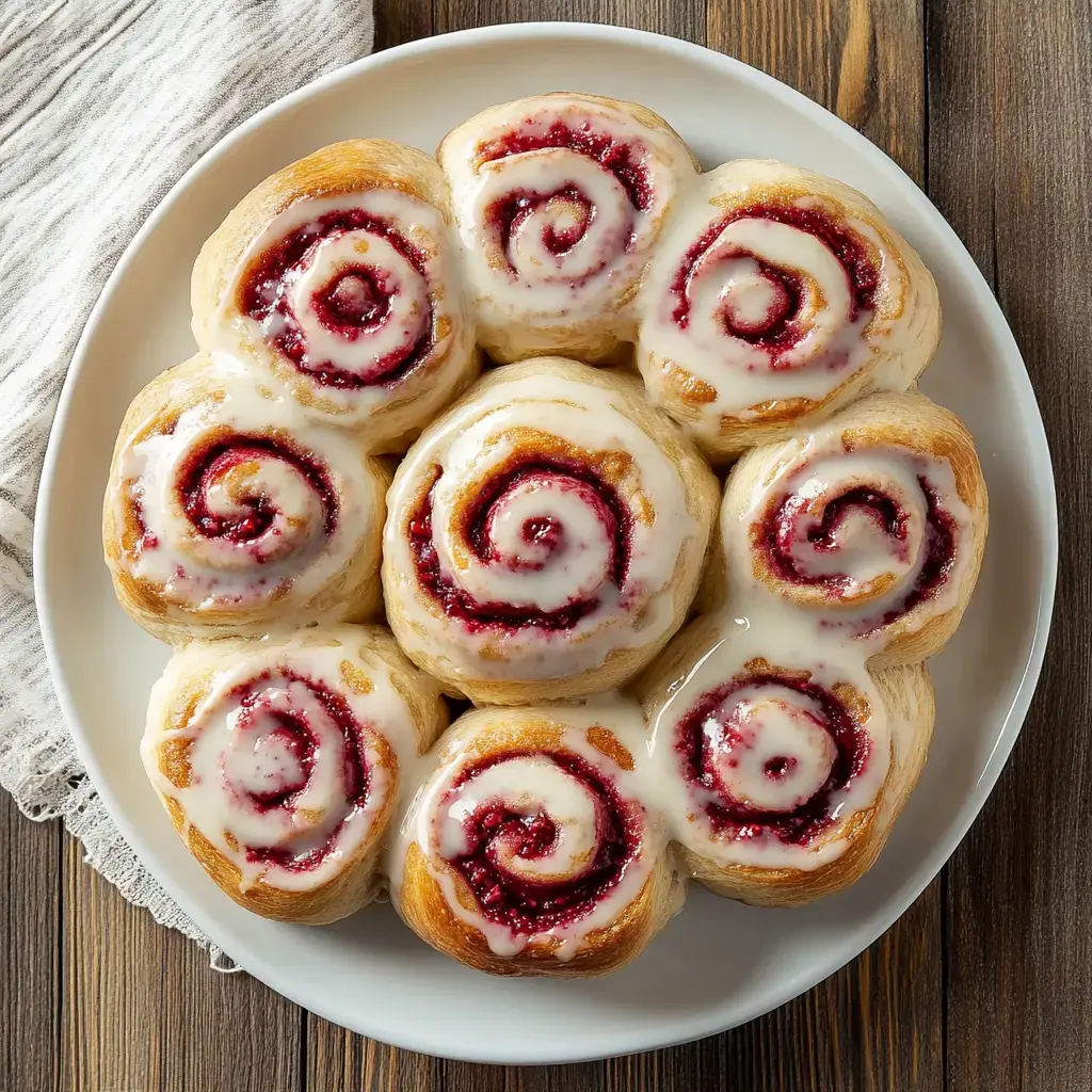 Ocho rollitos de canela con glaseado brillante encima, acomodados en un plato.