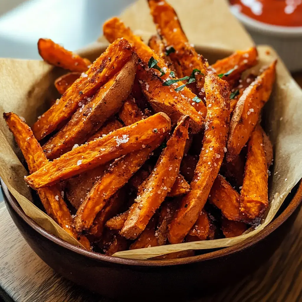 Un bol de madera lleno de papas de batata doradas y crujientes, espolvoreadas con sal y hierbas, al lado de un platito con salsa para mojar.