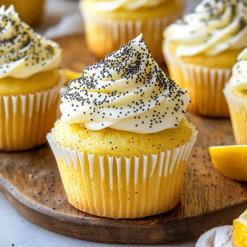 Un pastelito de limón con semillas de amapola con cobertura blanca y semillas negras encima, rodeado de más pastelitos y rodajas de limón sobre una tabla de madera.