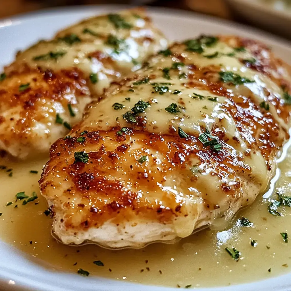 Dos filetes de pescado dorados con salsa cremosa y perejil picado encima, servidos en un plato blanco.