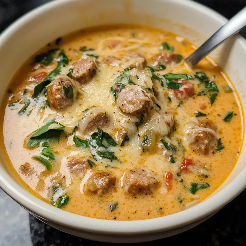 Un bol de sopa cremosa con trozos de salchicha, espinaca y queso, decorado con hierbas frescas.