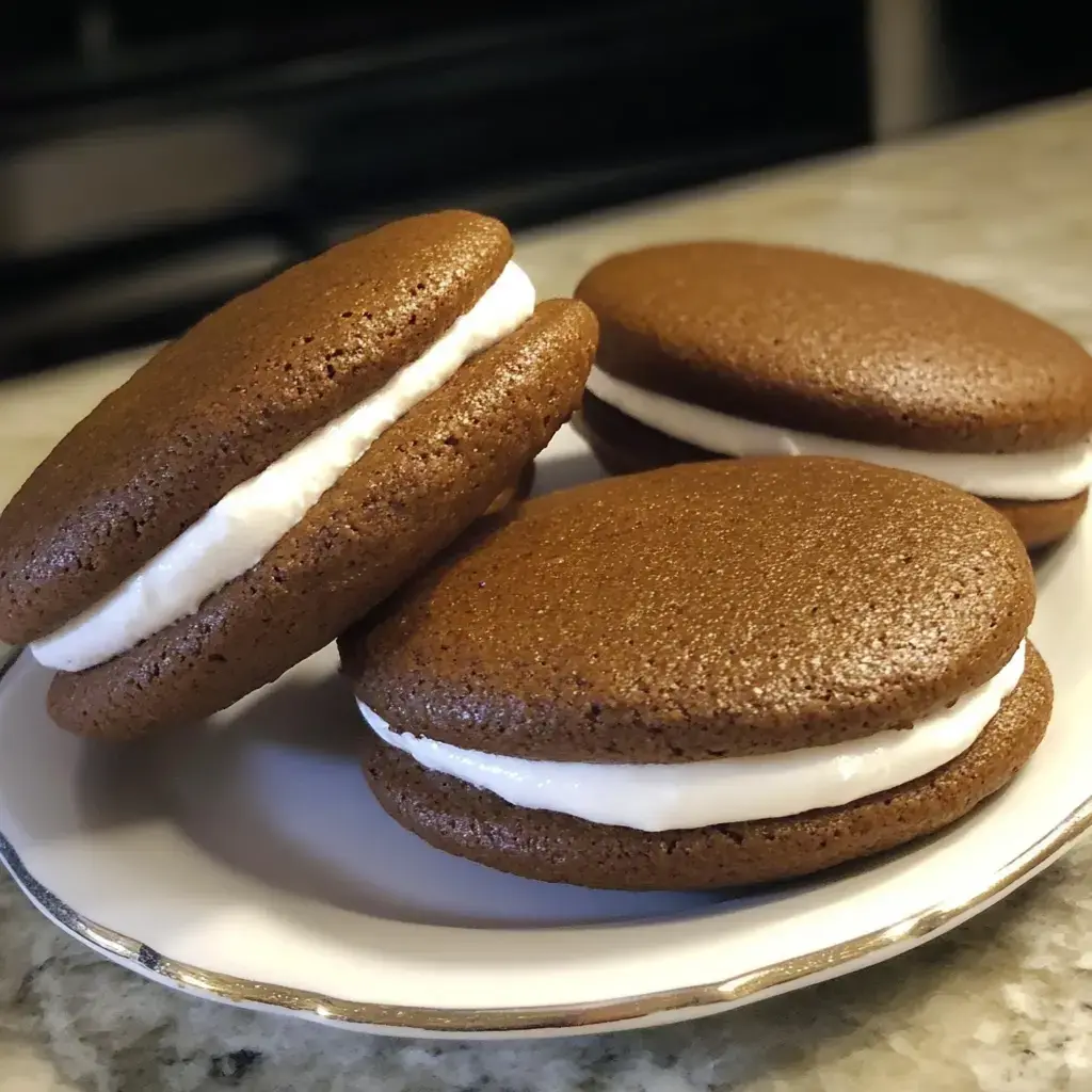 Tres whoopie pies de chocolate con relleno blanco en un plato.