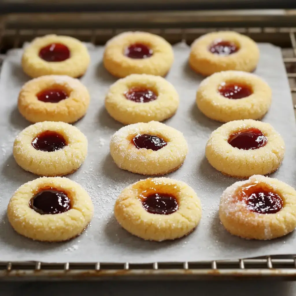Charola con galletas de mermelada cubiertas de azúcar, acomodadas en fila sobre papel aluminio.