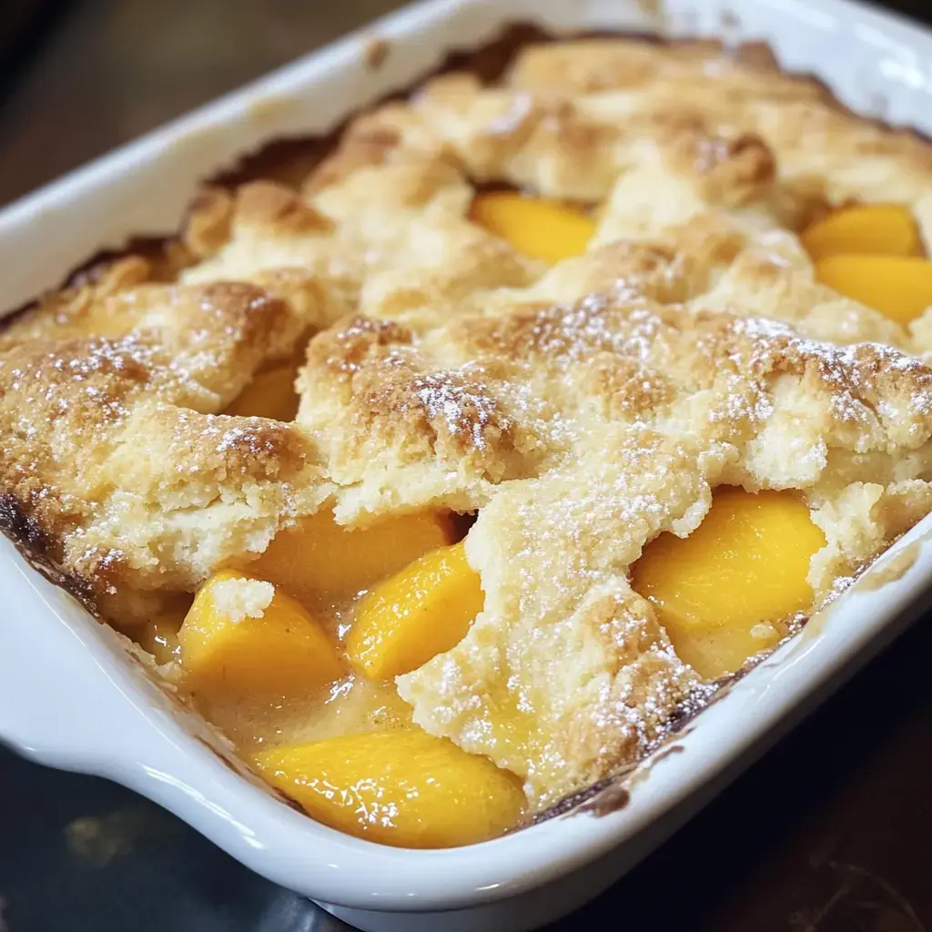 Un plano cercano de un cobbler de duraznos recién salido del horno con corteza dorada y espolvoreado con azúcar glass.