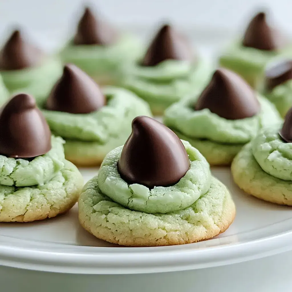 Un plato de galletas con glaseado verde y un beso de chocolate encima.