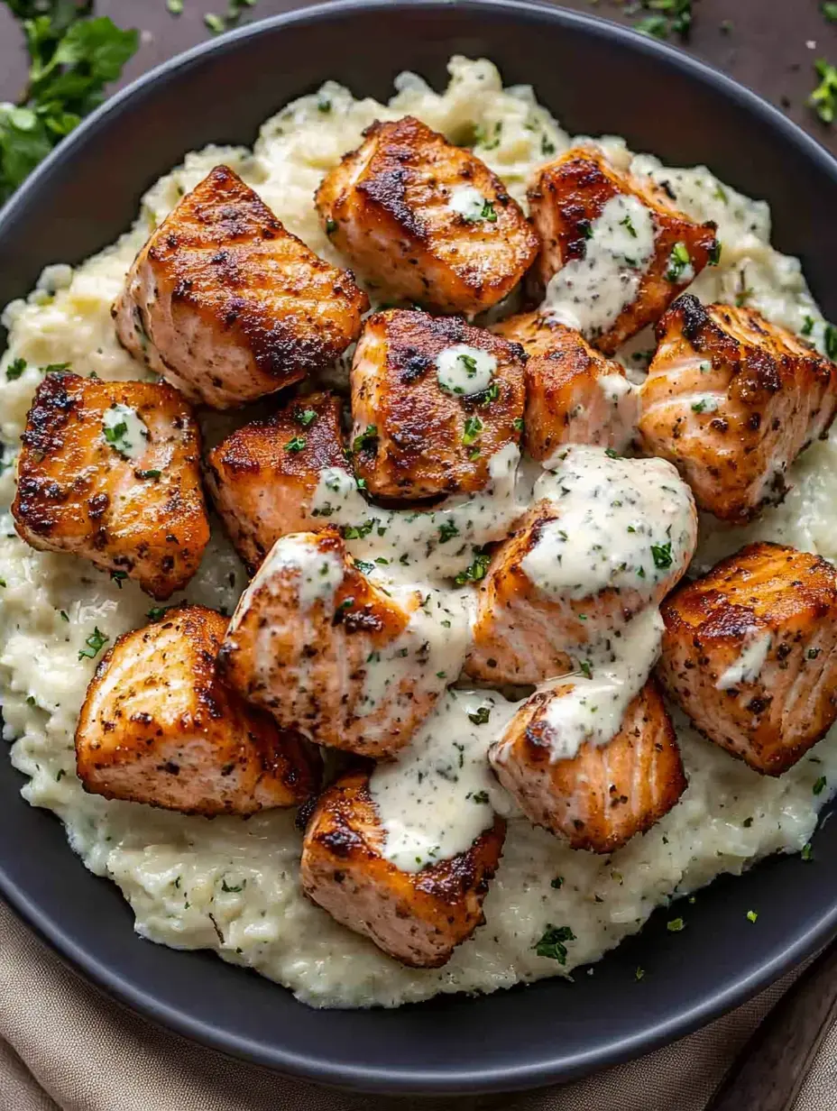Un plato con trozos de salmón dorados bañados en una salsa cremosa sobre puré de patatas y un poco de perejil.