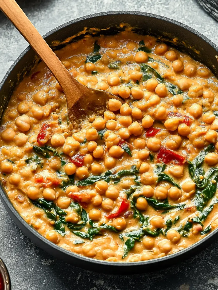 Un estofado de garbanzos y espinacas súper cremoso se remueve con cuchara de madera en una olla negra.