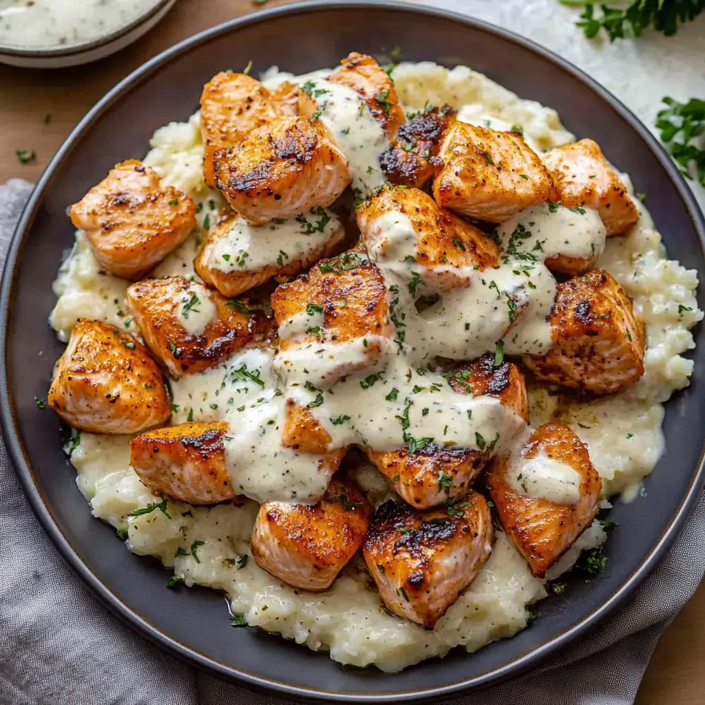 Un plato con piezas de salmón dorado, salsa cremosa, puré de patatas y toque de perejil.