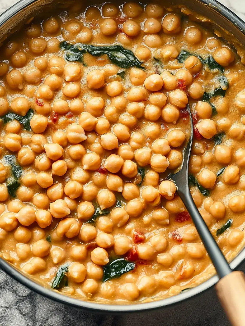 Primer plano de un plato cremoso con garbanzos y espinacas en una salsa llena de sabor.
