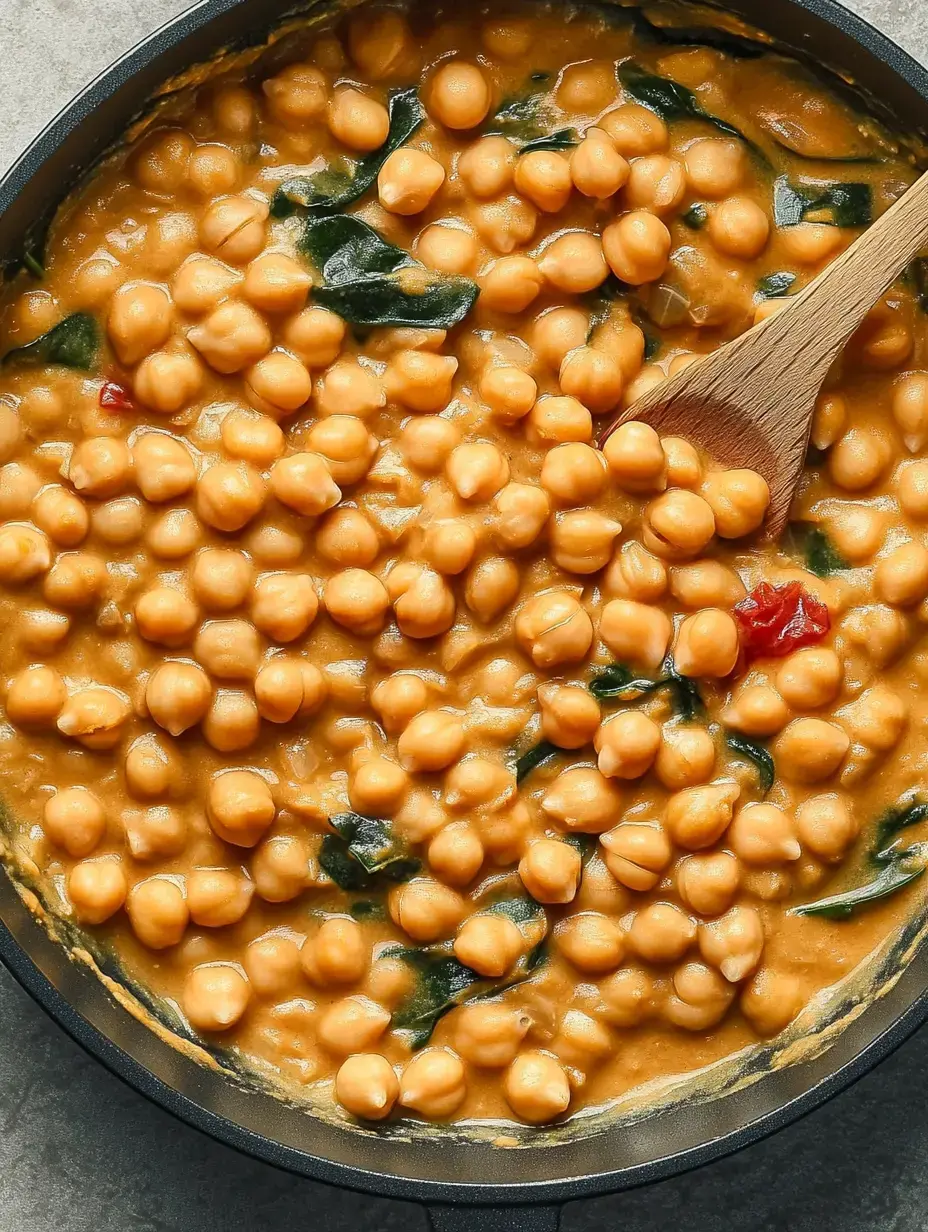 Vista cercana de garbanzos cremosos con espinaca y pimiento rojo encima en sartén.