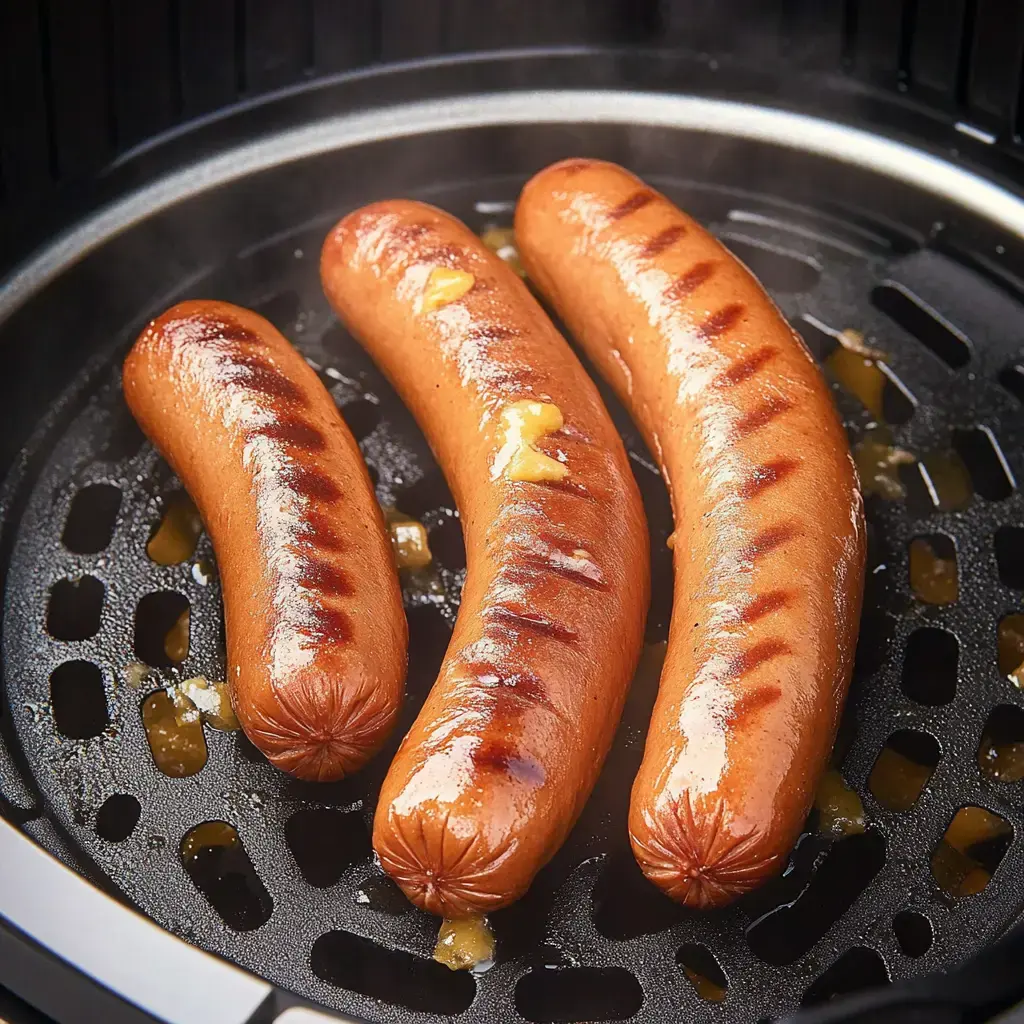 Tres salchichas ya asadas dentro de la canasta de la freidora de aire, humeando y bien sazonadas.