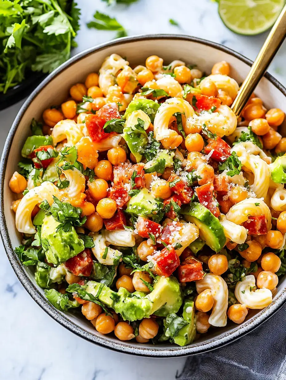 Un bol de ensalada de pasta con garbanzos, tomate en cubo, aguacate y cilantro fresco, decorado con lima y servido con una cuchara dorada.