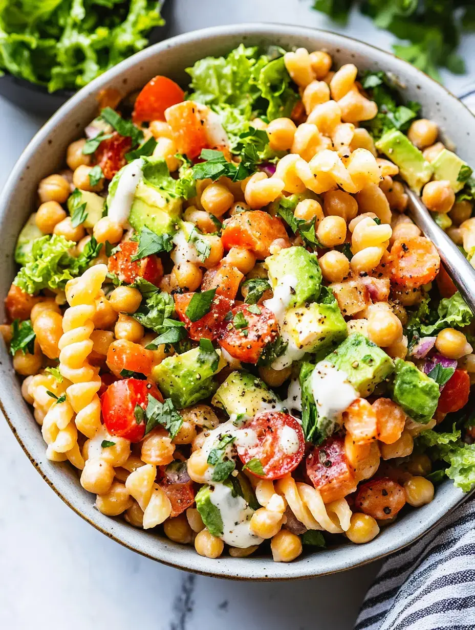 Un bol colorido de ensalada de pasta con garbanzos, tomates cherry, aguacate, lechuga y aderezo cremoso con hierbas.