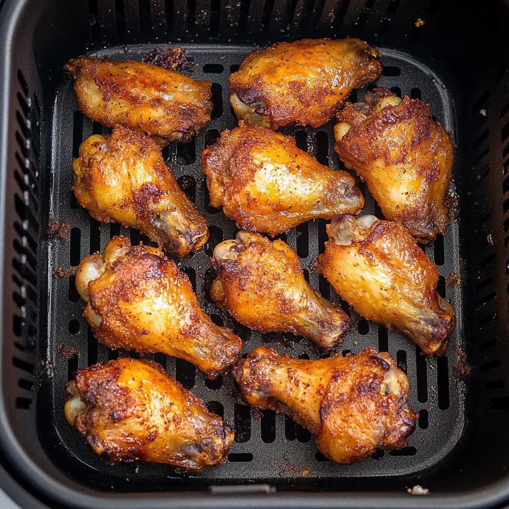 Alitas de pollo doradas y crujientes acomodadas en la canasta de una freidora de aire.