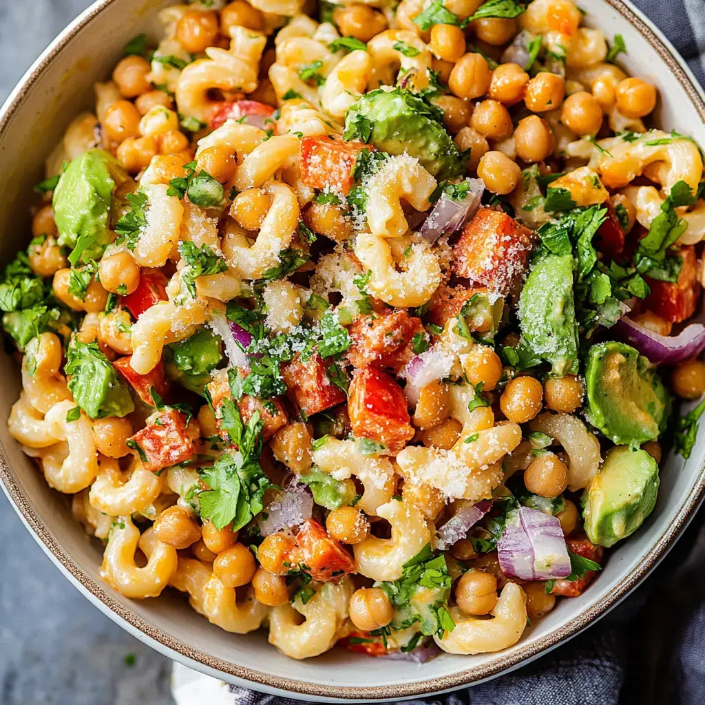 Un bol bonito de ensalada de pasta con macarrones, garbanzos, pimiento rojo en cuadritos, aguacate, cebolla morada y hierbas frescas, cubierto con queso rallado.