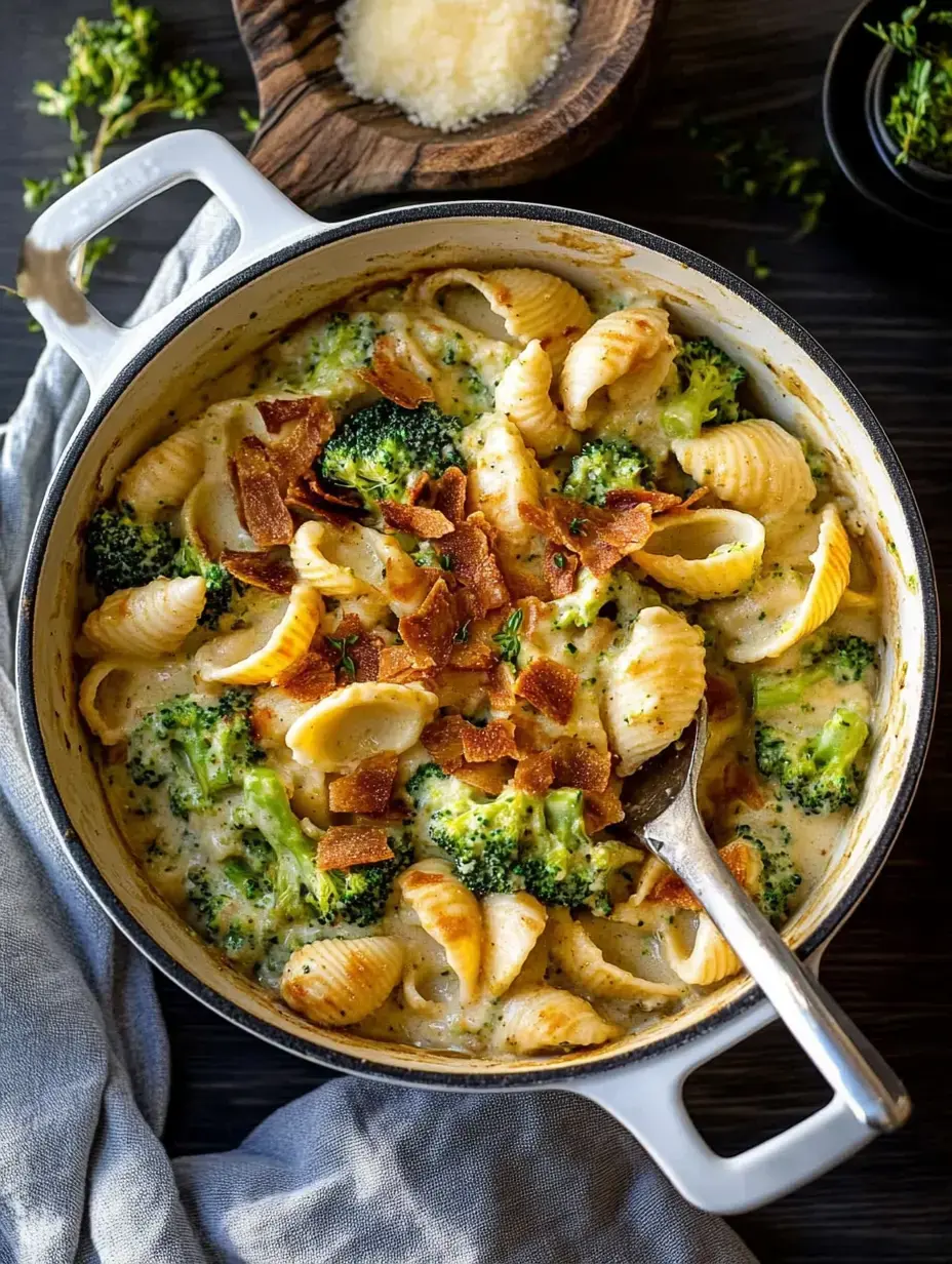 Pasta cremosa con caracoles, brócoli y chalotas crujientes en una olla, con queso rallado al lado.