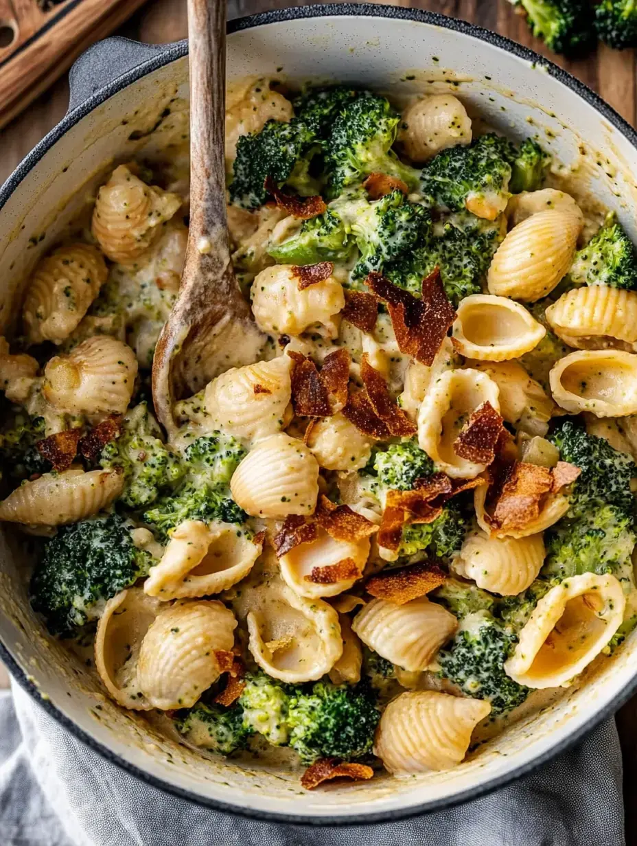 Un plato de pasta cremosa con brócoli y trocitos crocantes de soya en olla grande.