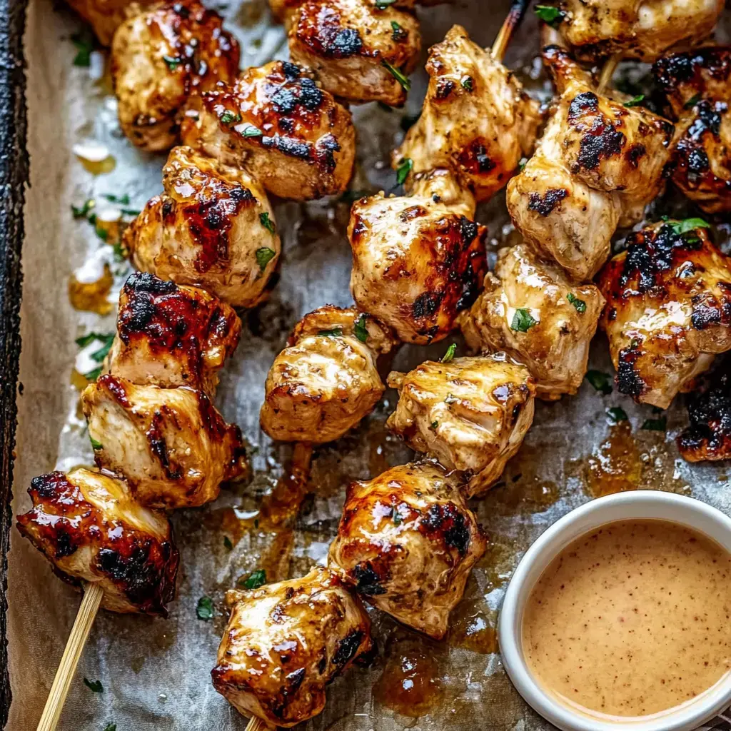Brochetas de pollo asado bañadas en salsa y espolvoreadas con perejil, acompañadas de un cuenco pequeño de salsa.
