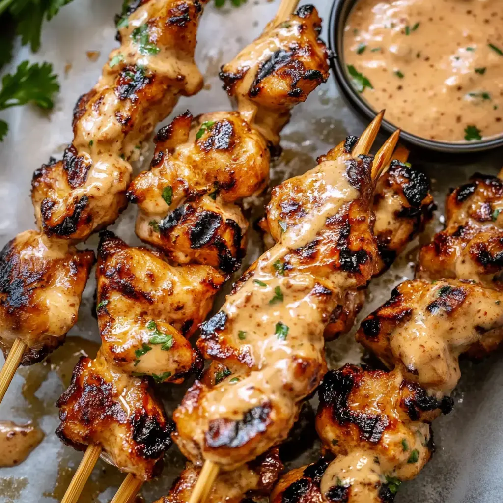 Brochetas de pollo asado con salsa cremosa y perejil fresco, servidas a un costado de un bol de salsa.