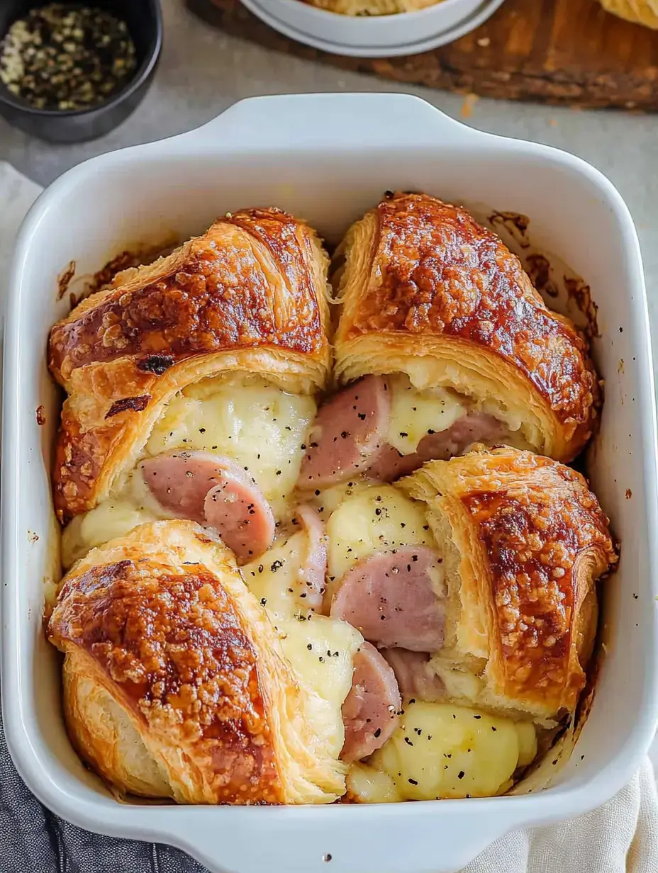 Una fuente de croissants dorados rellenos de jamón y un montón de queso, salpicados de pimienta negra.