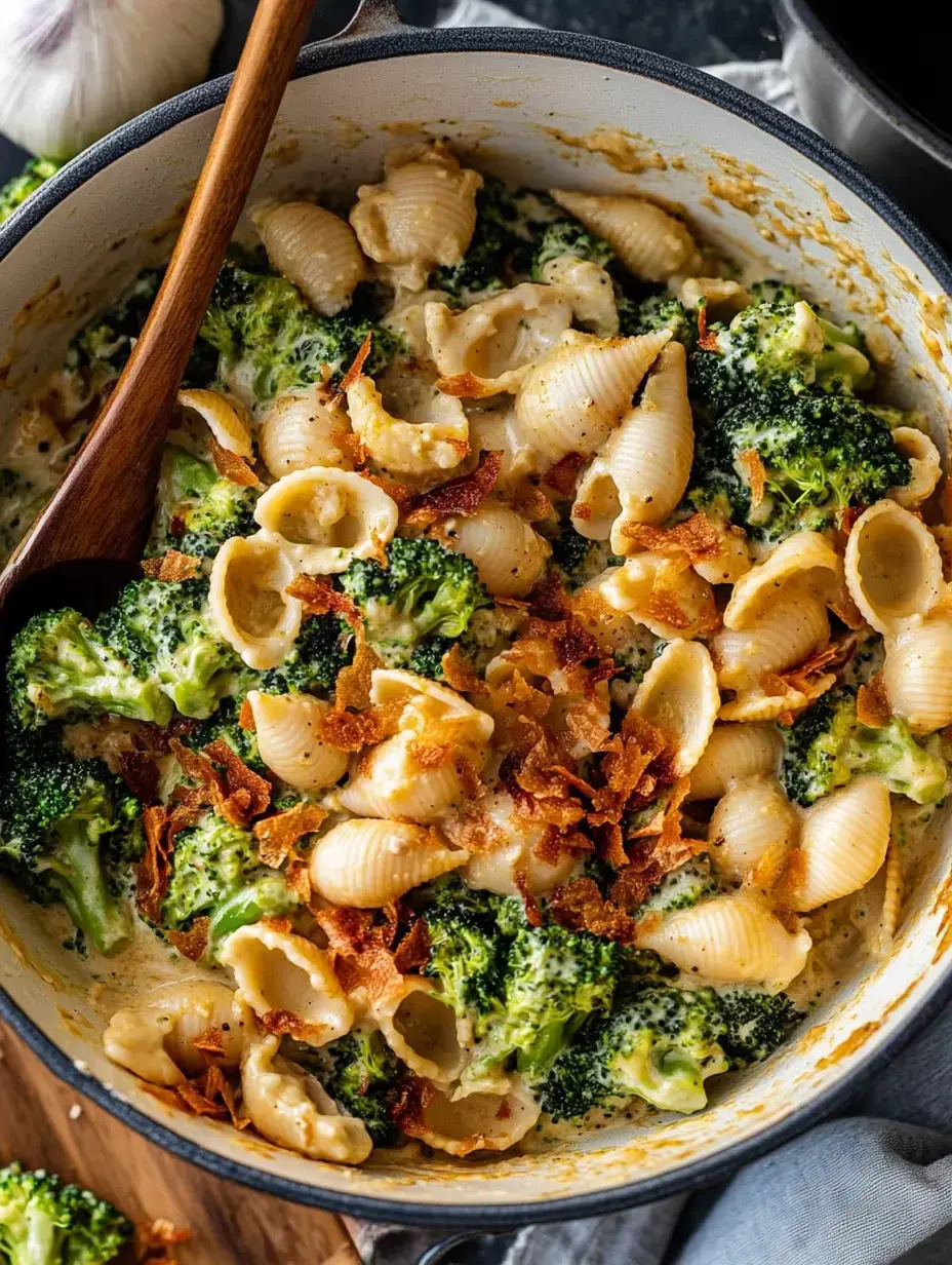 Plato de pasta cremosa con brócoli y chalotas crocantes servido en una olla, con pasta tipo caracol.