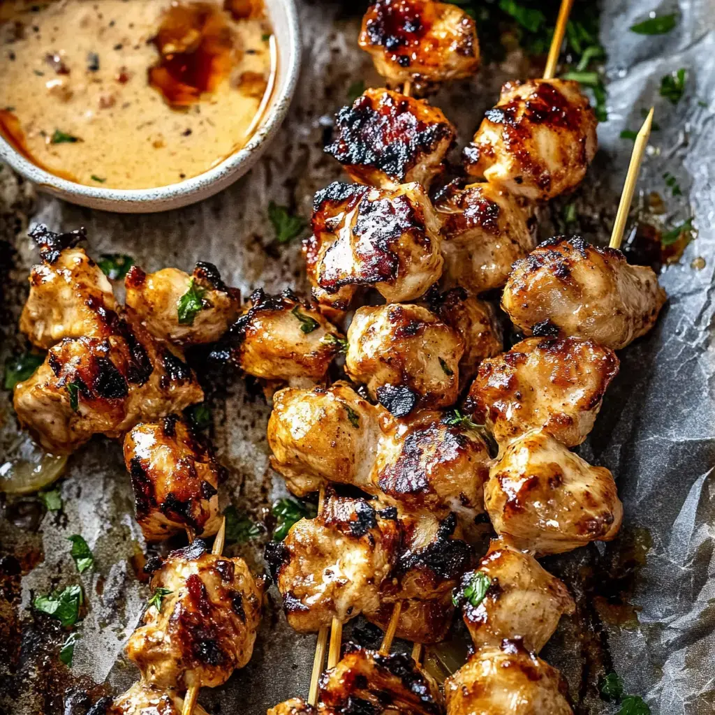 Brochetas de pollo marinado a la parrilla en una bandeja, acompañadas de salsa y cilantro.