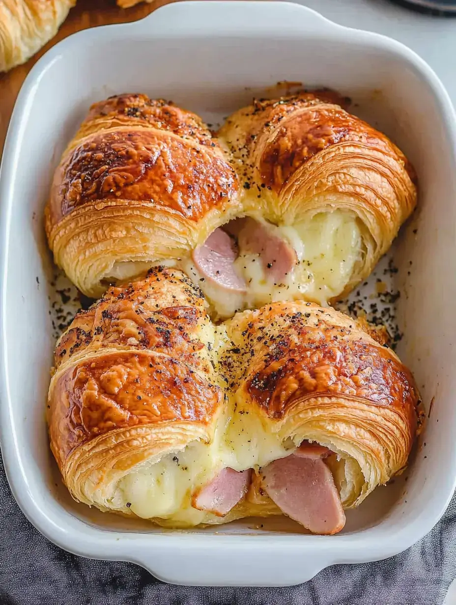 Croissants dorados rellenos de jamón y queso fundido, acomodados en una fuente blanca.