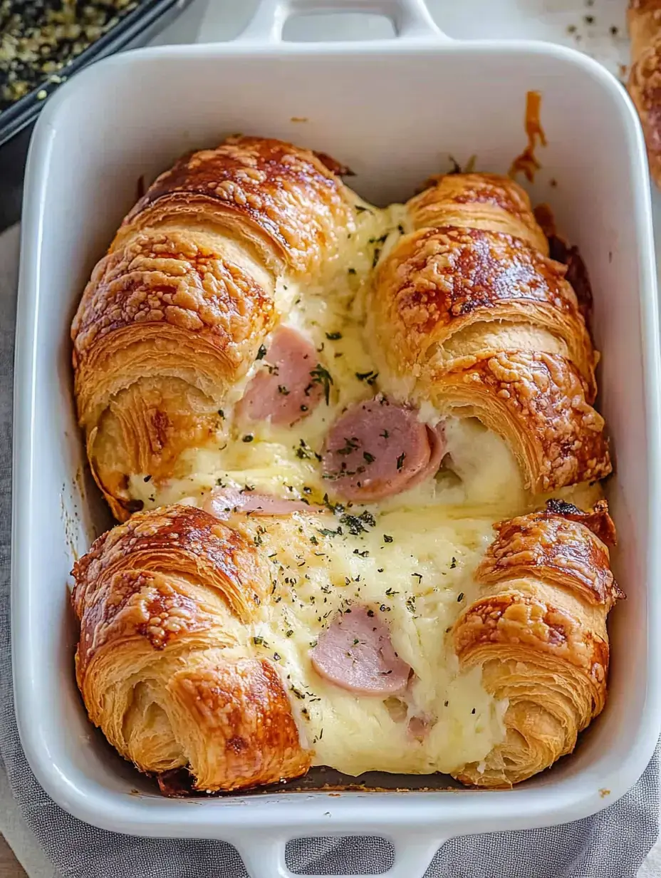 Una bandeja con croissants dorados rellenos de jamón y queso fundido, con hierbas espolvoreadas.
