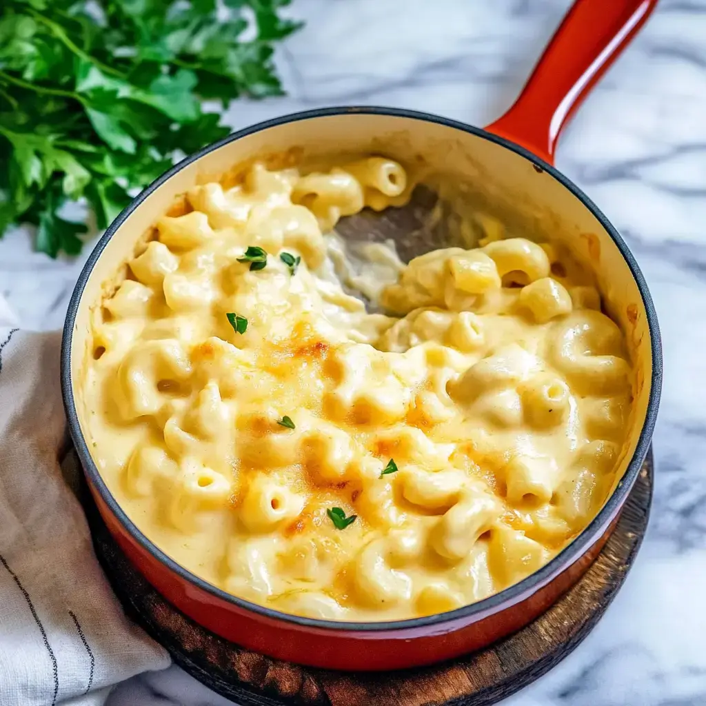 Macarrones con queso cremosos en una olla roja, con hierbas y una porción servida.