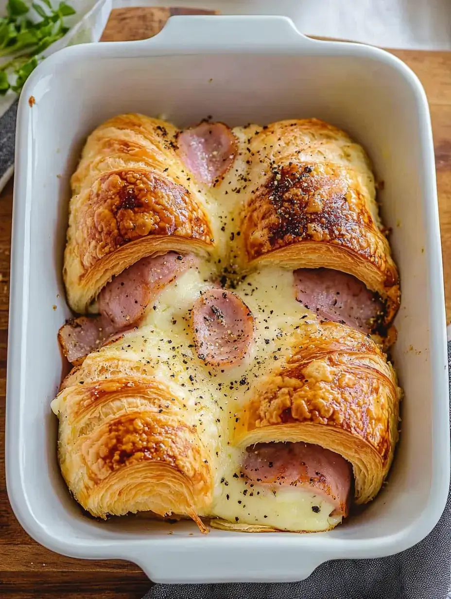 Una bandeja de croissants horneados rellenos de jamón y queso, coronados con costra doradita y pimienta.
