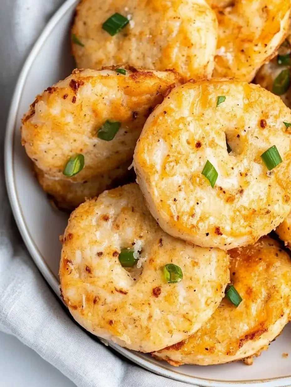 Un close-up de donuts doraditos decorados con cebollín, puestos sobre un plato blanco.