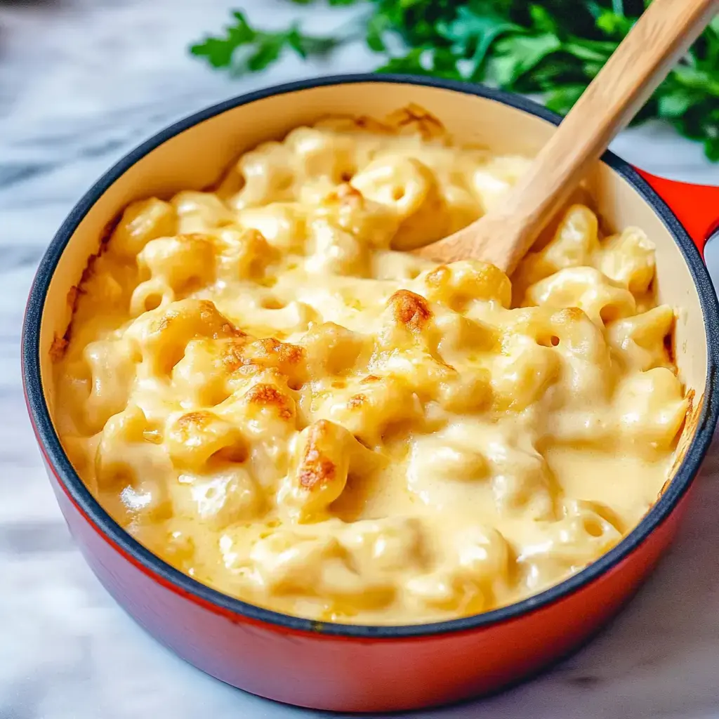 Macarrones con queso horneado, cremosos, en una olla roja con cuchara de madera.
