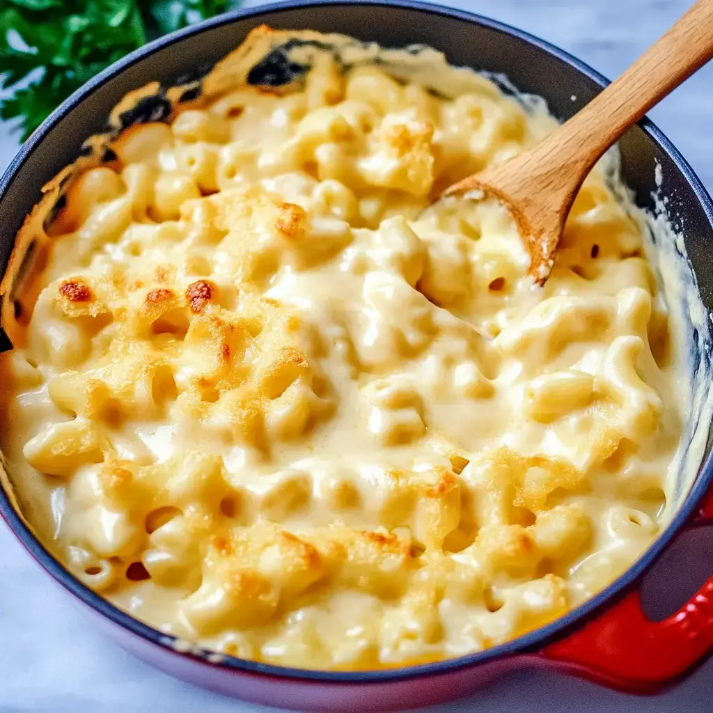 Macarrones con queso cremoso horneados en una olla roja con una cuchara de madera.