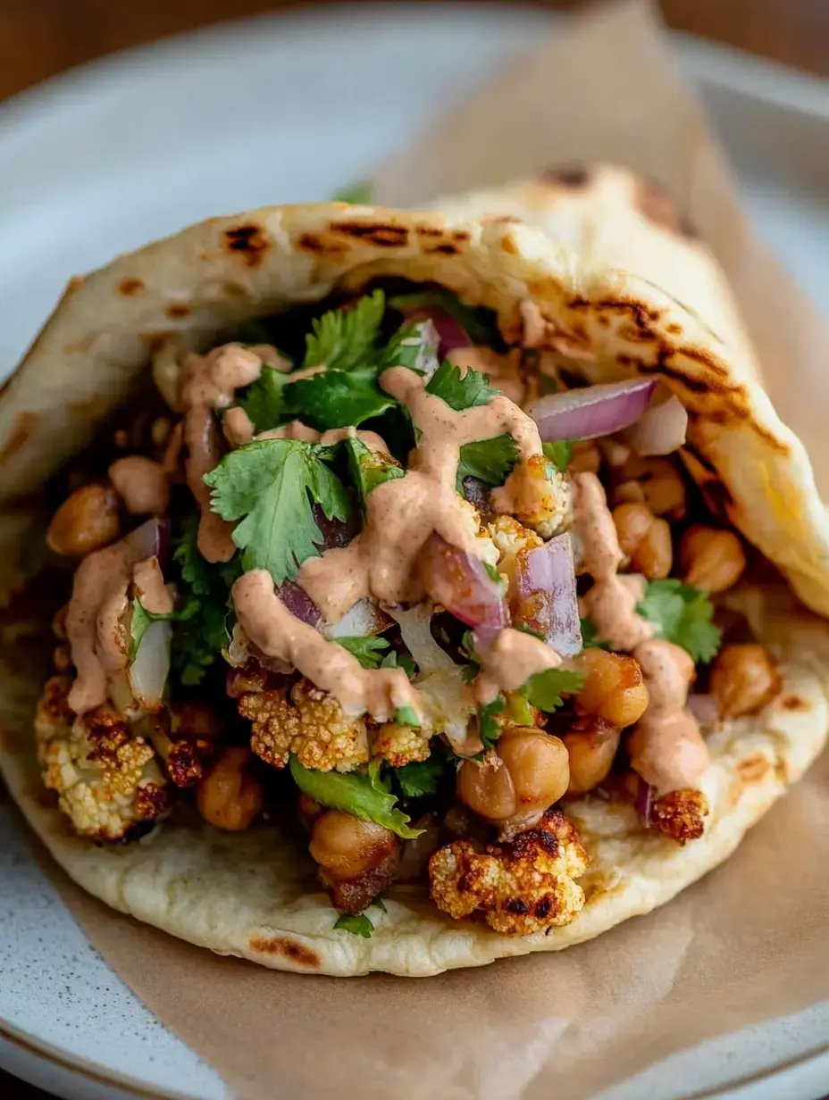 Tortilla rellena con coliflor asada, garbanzos, cilantro fresco, cebolla morada y una salsa cremosa, todo envuelto en pan.